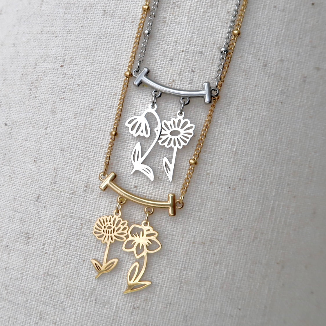 Birth Flower Dot Chain Necklace 2 Flowers