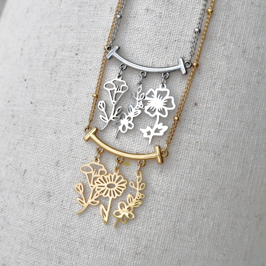 Birth Flower Dot Chain Necklace 3 Flowers