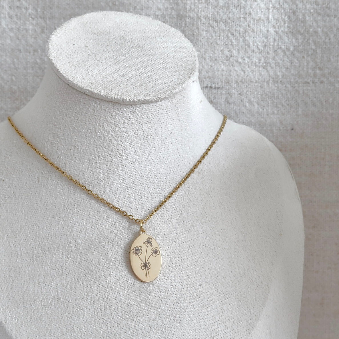Birth Flower Engraved Necklace with Gold Oval Charm