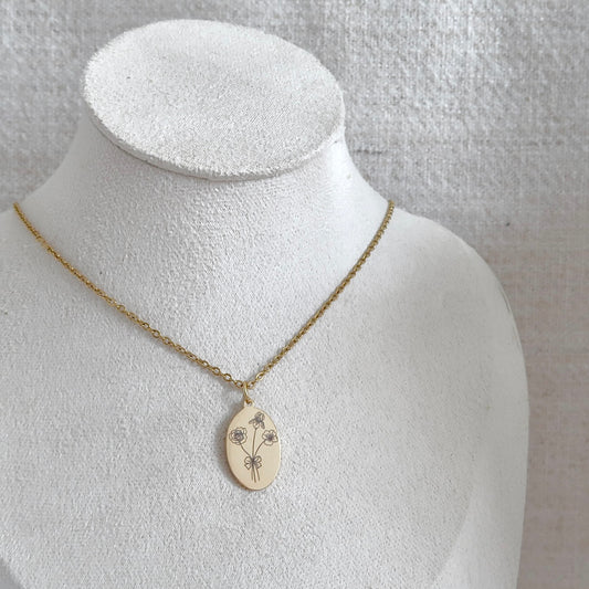 Birth Flower Engraved Necklace with Gold Oval Charm