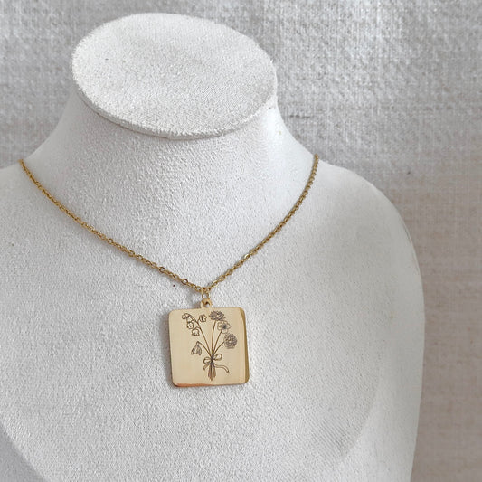 Birth Flower Engraved Necklace with Gold Square Charm