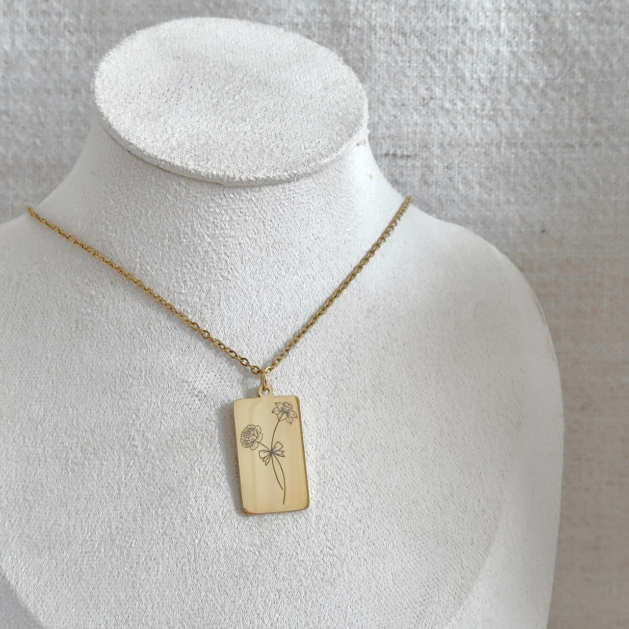 Birth Flower Engraved Necklace with Gold Rectangle Charm