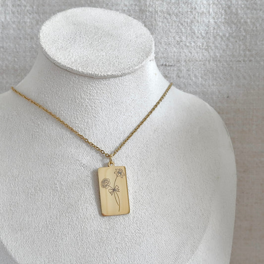 Birth Flower Engraved Necklace with Gold Rectangle Charm