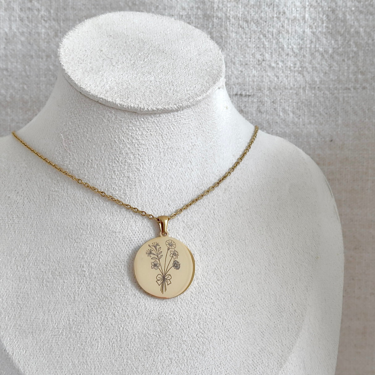 Birth Flower Engraved Necklace with Gold Circle Charm
