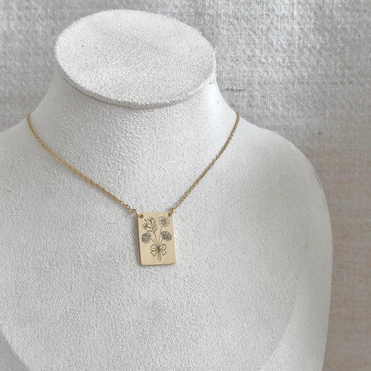 Birth Flower Engraved Necklace with Gold Bar Tag Charm