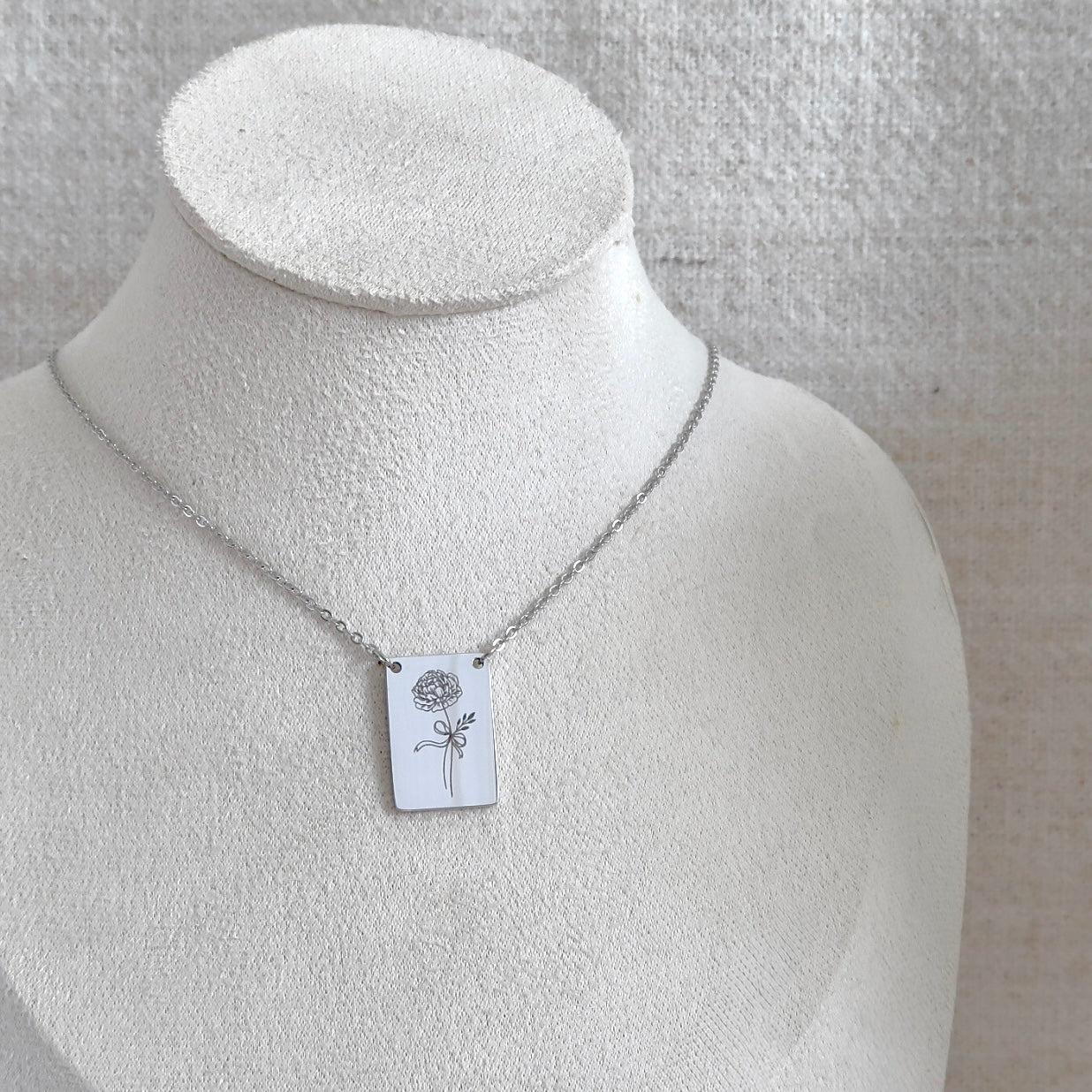 Birth Flower Engraved Necklace with Silver Bar Tag Charm
