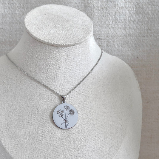 Birth Flower Engraved Necklace with Silver Circle Charm