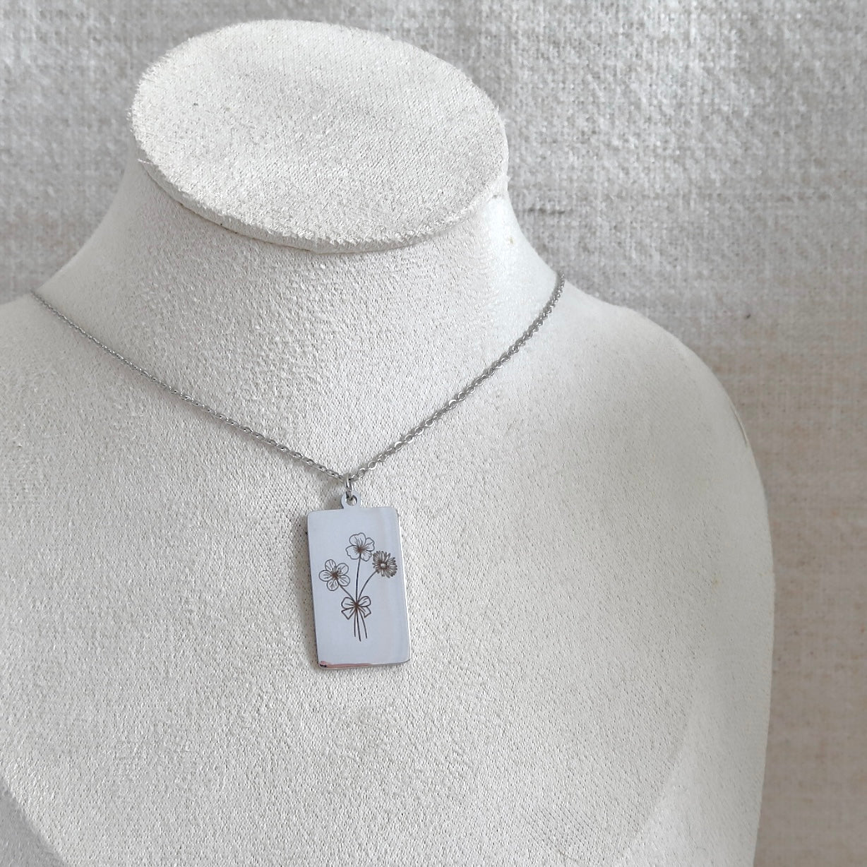 Birth Flower Engraved Necklace with Silver Rectangle Charm