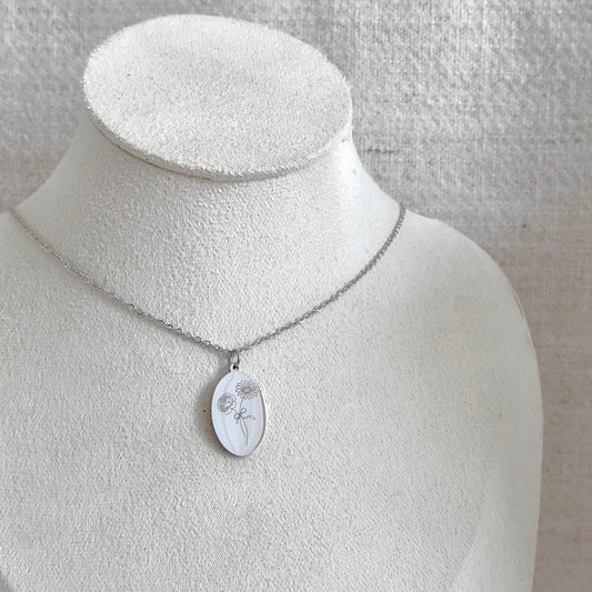 Birth Flower Engraved Necklace with Silver Oval Charm