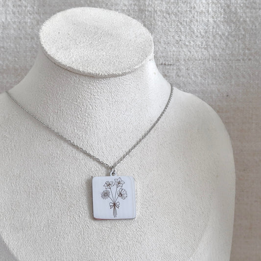 Birth Flower Engraved Necklace with Silver Square Charm