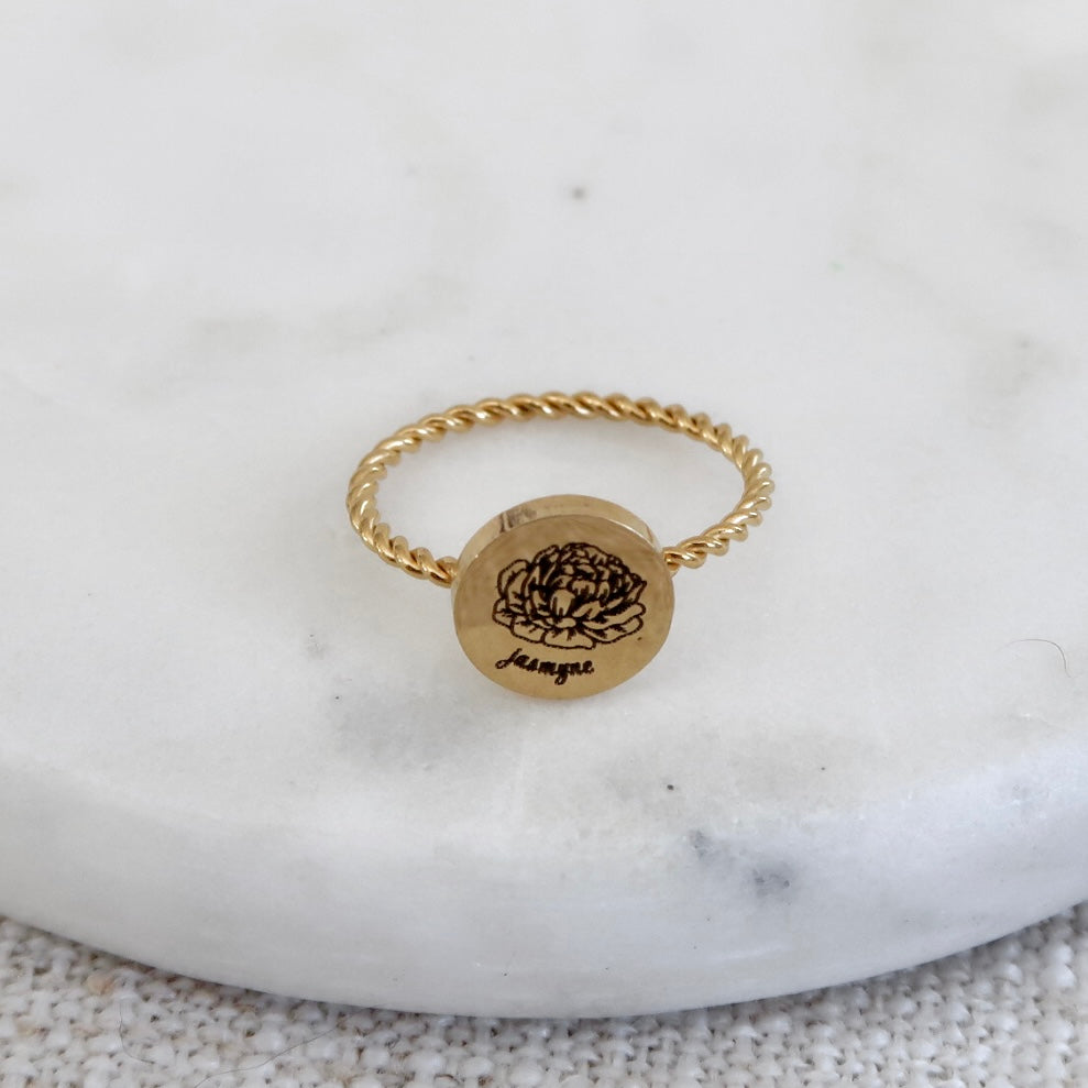 Engraved Circle Birth Flower Rope Band Ring