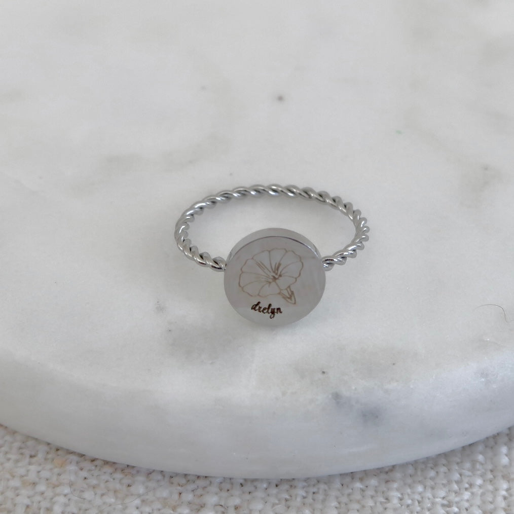 Engraved Circle Birth Flower Rope Band Ring