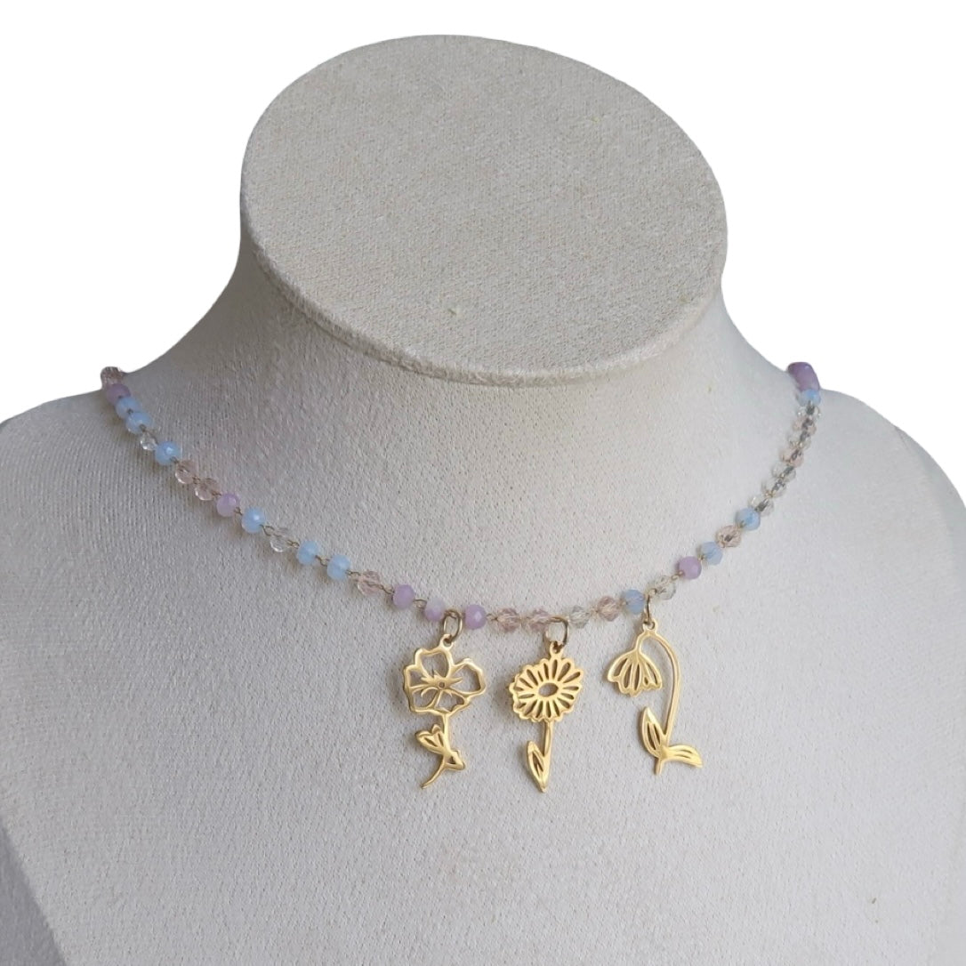 Birth Flower Charm Micro Crystal Necklace 3 charms