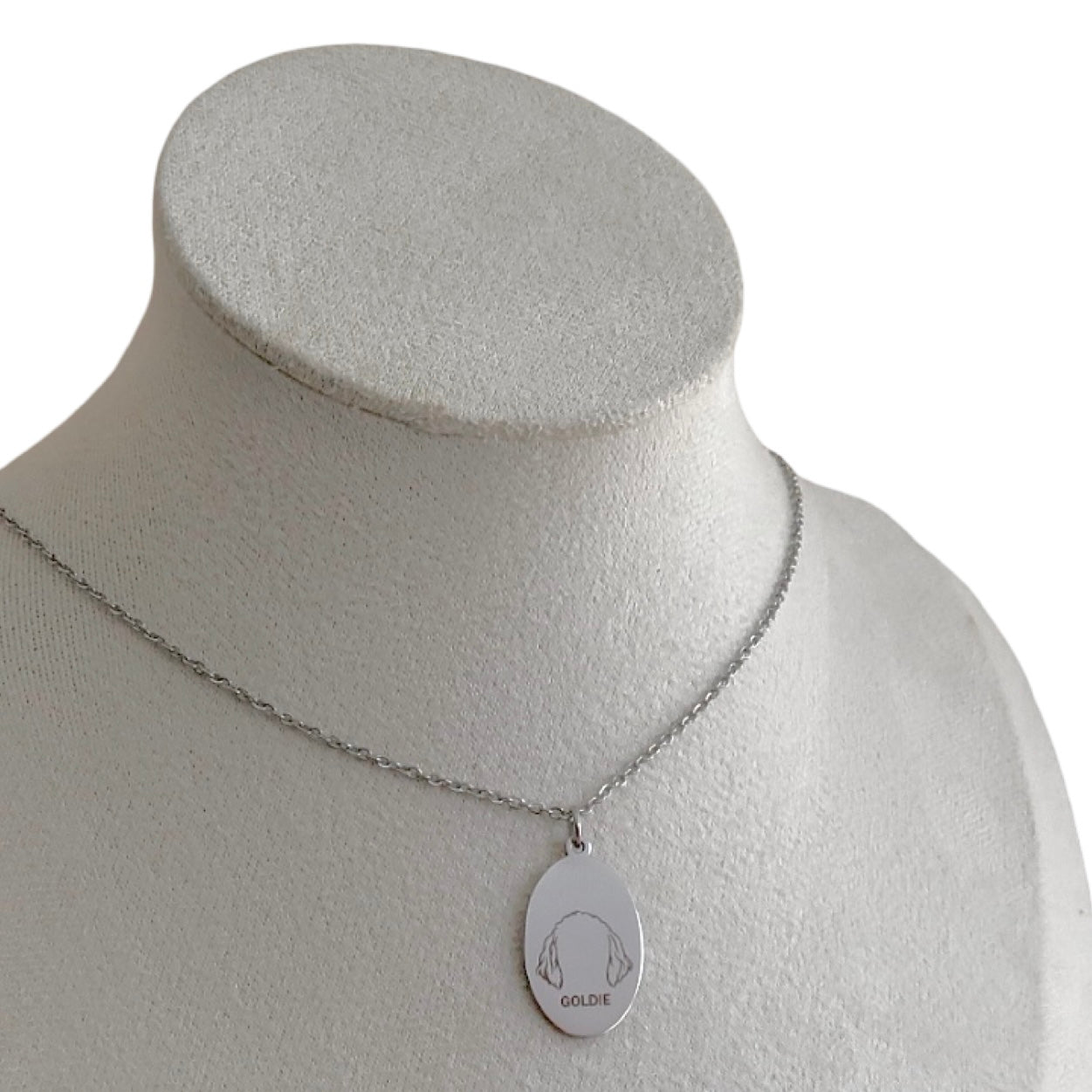 Dog Ears Engraved Necklace Silver Oval Charm