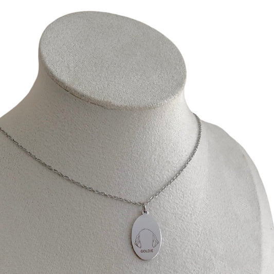 Dog Ears Engraved Necklace Silver Oval Charm