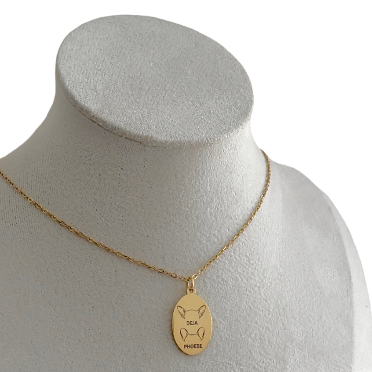 Dog Ears Engraved Necklace Gold Oval Charm