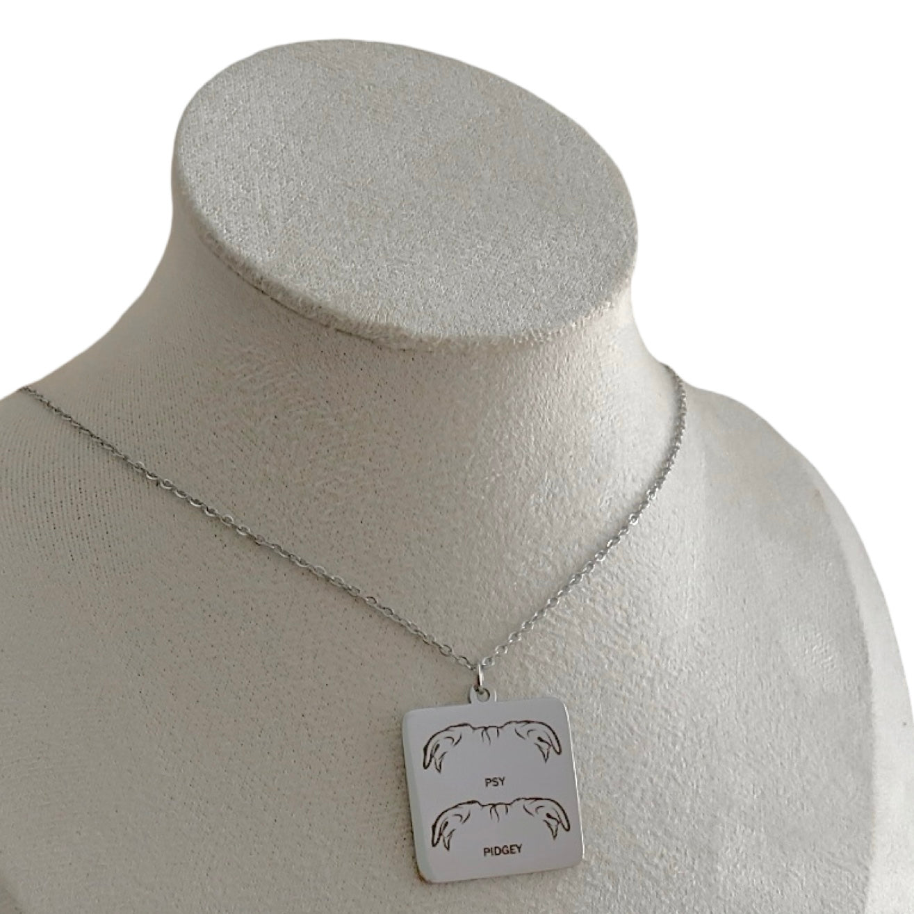 Dog Ears Engraved Necklace Silver Square Charm