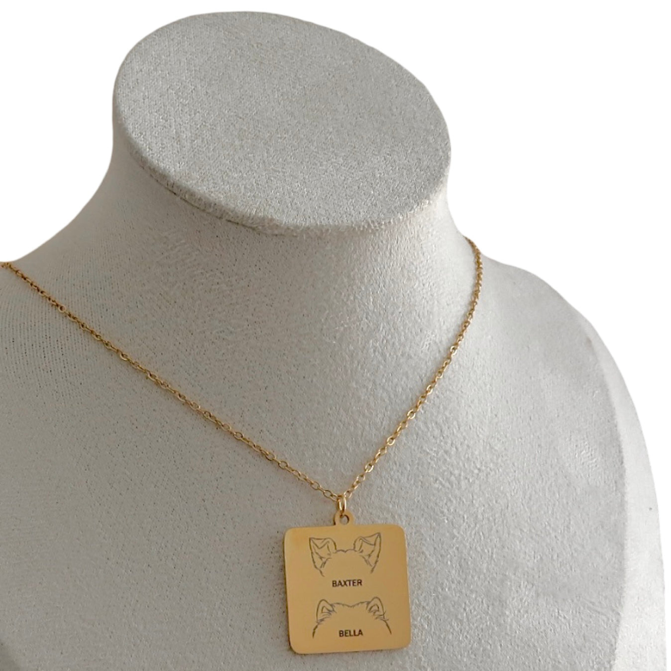 Dog Ears Engraved Necklace Gold Square Charm