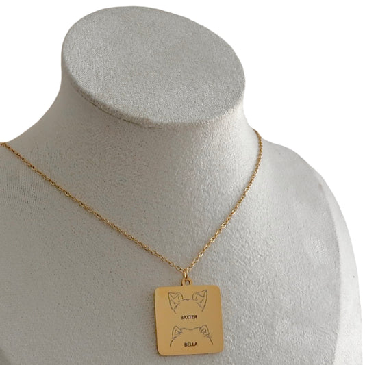 Dog Ears Engraved Necklace Gold Square Charm