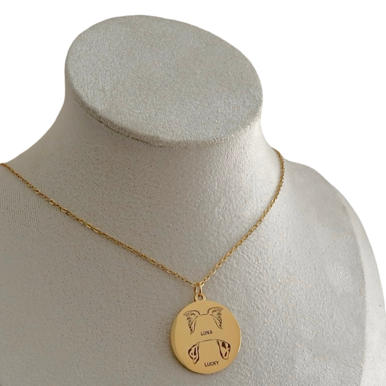 Dog Ears Engraved Necklace Gold Circle Charm