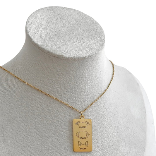 Dog Ears Engraved Necklace Gold Rectangle Charm